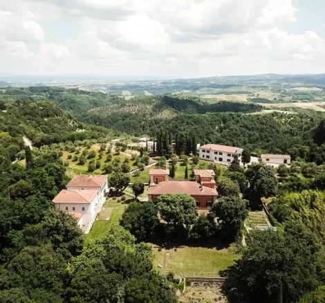 aerial shot above villa lena wedding venue in tuscany italy