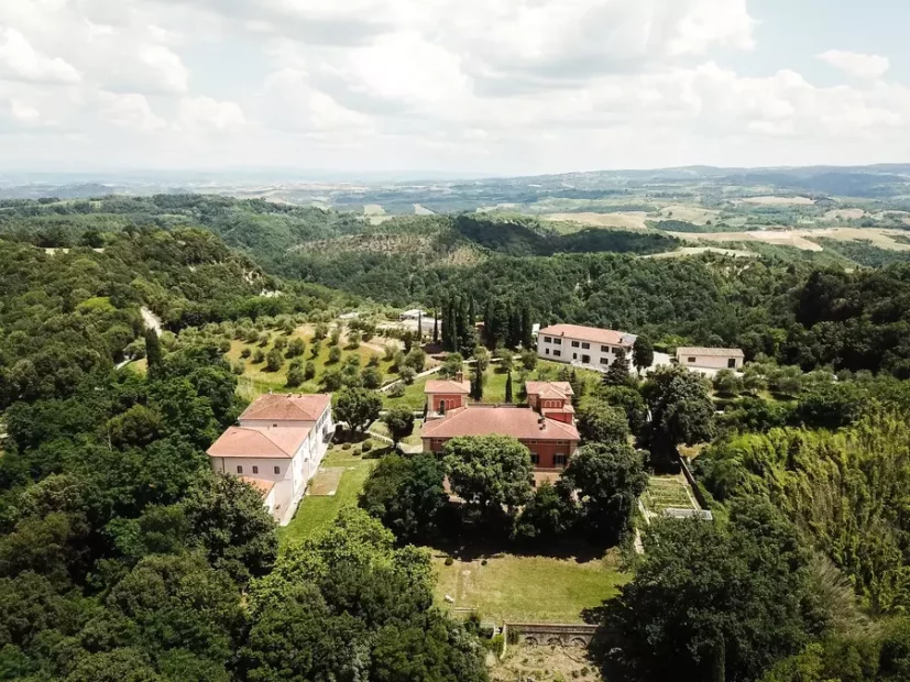 aerial shot above villa lena wedding venue in tuscany italy