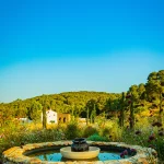 water fountain outside the best villa and vineyard wedding venue in Barcelona Spain Masia Cabellut