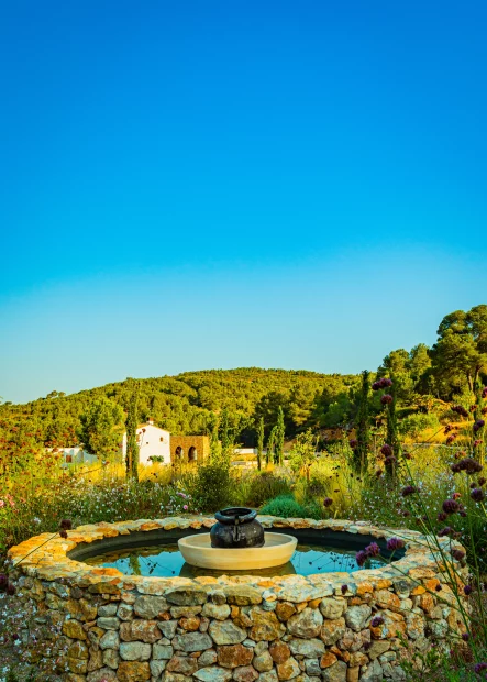 water fountain outside the best villa and vineyard wedding venue in Barcelona Spain Masia Cabellut