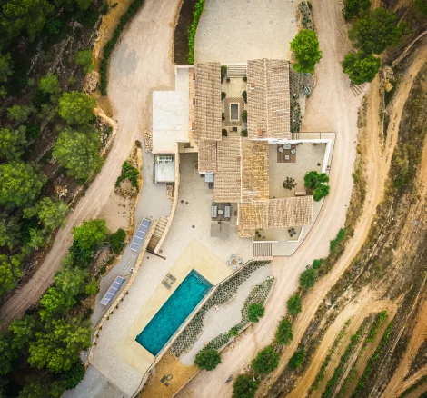 aerial view above private villa and vineyard wedding venue in Barcelona Spain