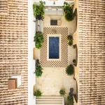 aerial view above the courtyard at Masia acbellut unique vineyard wedding venue in Barcelona Spain