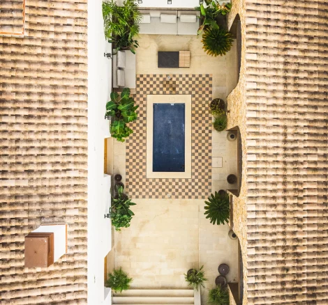 aerial view above the courtyard at Masia acbellut unique vineyard wedding venue in Barcelona Spain