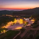 aerial view at night time above private estate wedding venue in Barcelona Spain Masia cabellut