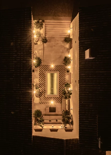 aerial view at night time above the courtyard at private estate wedding venue in Barcelona Spain Masia cabellut