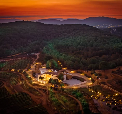 aerial view at night time above best vineyard wedding venue in Barcelona Spain
