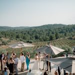 Wedding guests mingling by the pool with magnificient views over vineyard