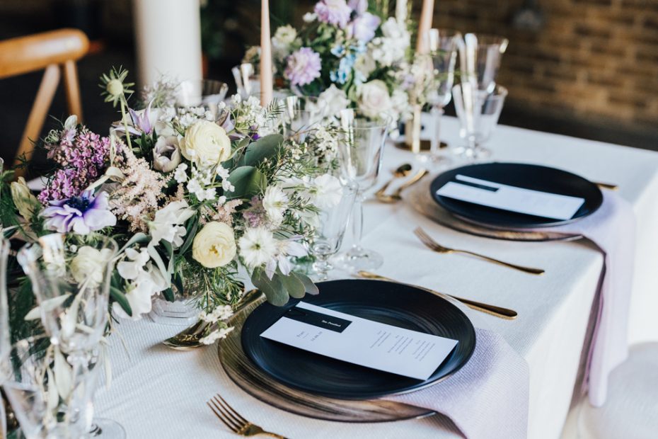 close up of table placements at blank canvas wedding venue in south London 100 Barrington