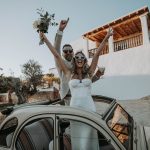 Married Couple in car at wedding venue Can Frare, Ibiza