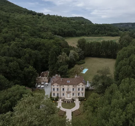 Drone shot of wedding venue Chateau de Pont Bourgue