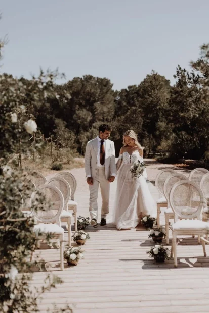 Couple down aisle at wedding venue Fincadelica San Lorenzo, Ibiza