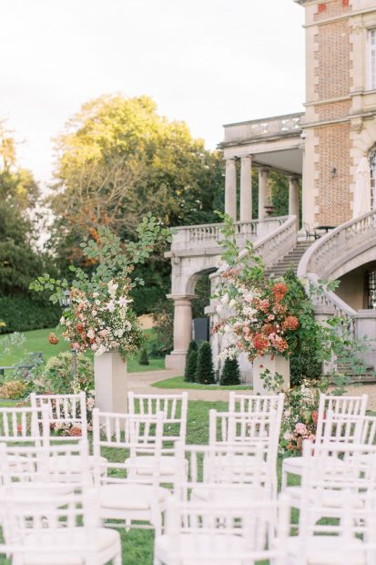 Image of chairs and flowers at wedding venue Chateau Bouffemont, France