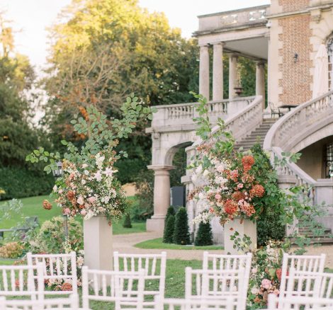 Image of chairs and flowers at wedding venue Chateau Bouffemont, France