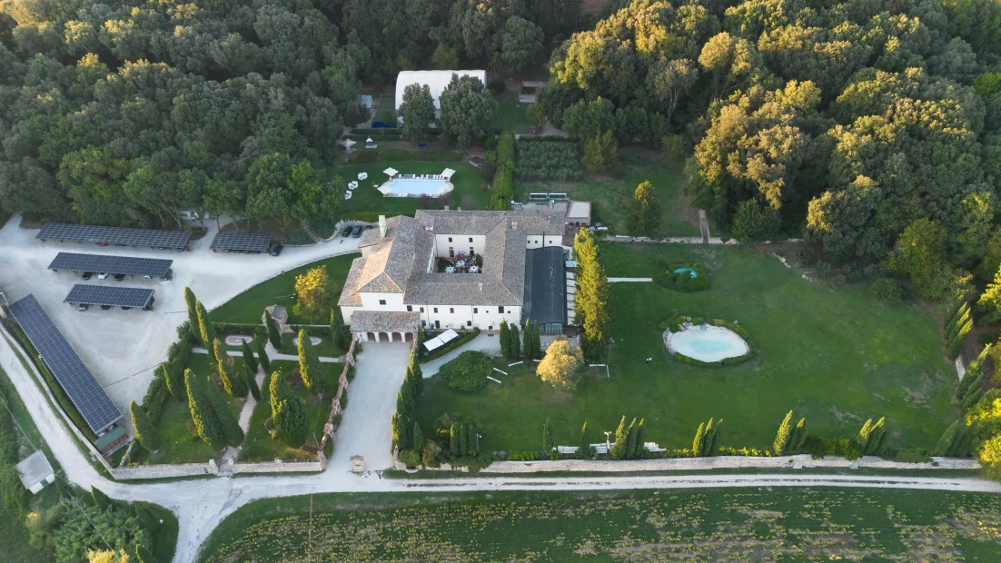 Drone shot of wedding venue San Pietro sopra le Acque, Italy