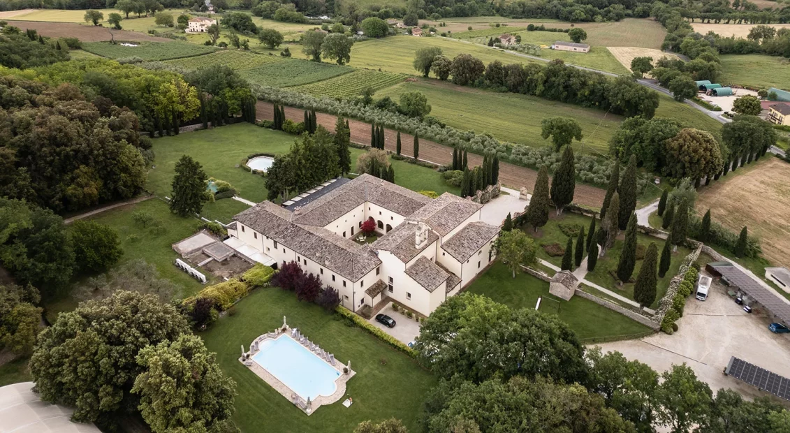 Drone shot of wedding venue San Pietro sopra le Acque, Italy