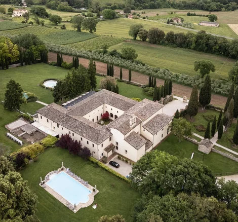Drone shot of wedding venue San Pietro sopra le Acque, Italy