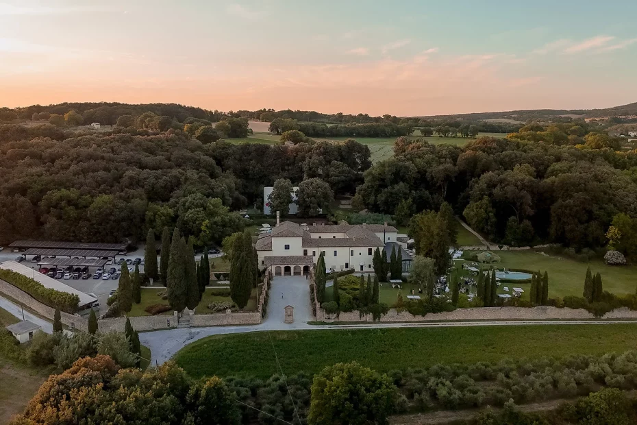 Drone shot of wedding venue San Pietro sopra le Acque, Italy
