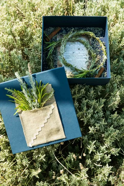 Image of flower crowns at wedding venue Villa Aphea, Greece