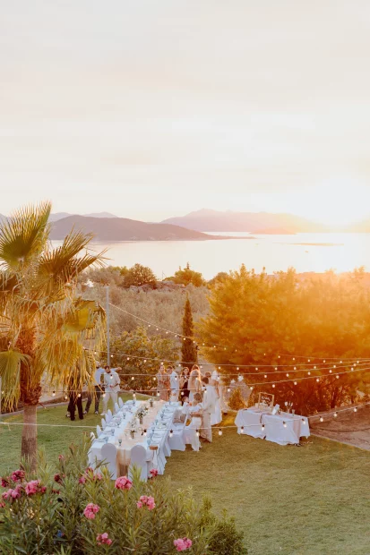 Image of tables in garden at wedding venue Villa Aphea, Greece