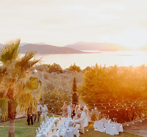 Image of tables in garden at wedding venue Villa Aphea, Greece