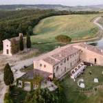 Drone shot of wedding venue Vitaleta in Tuscany, Italy