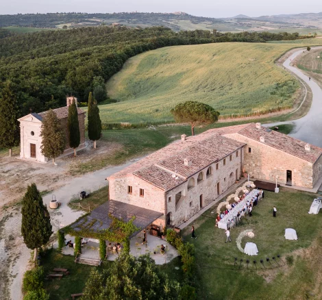 Drone shot of wedding venue Vitaleta in Tuscany, Italy