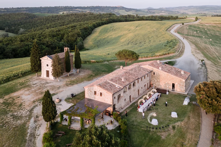 Drone shot of wedding venue Vitaleta in Tuscany, Italy