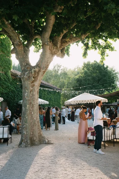 Terrace area with wedding guests at Wedding venue in Provence, France Domaine du Grand Lauron