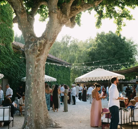 Terrace area with wedding guests at Wedding venue in Provence, France Domaine du Grand Lauron