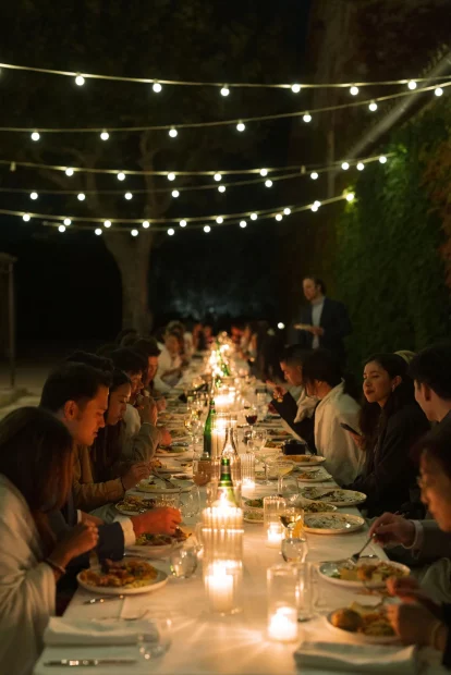 Image of guests sitting at a candle lit table at wedding venue Domaine du Grand Lauron in Provence France