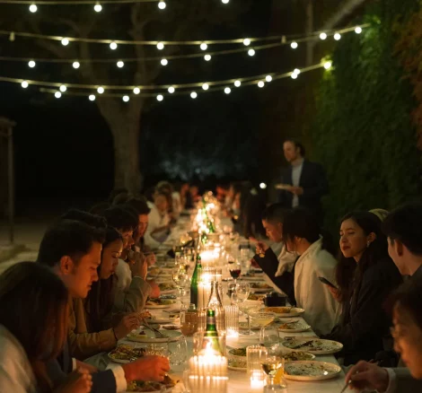 Image of guests sitting at a candle lit table at wedding venue Domaine du Grand Lauron in Provence France