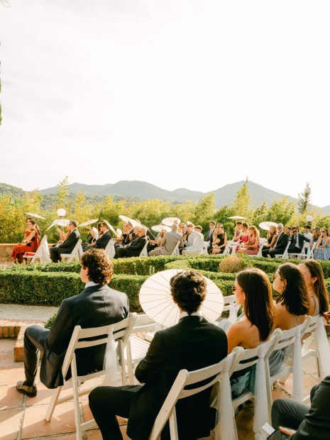 Guests sat on wedding aisle at wedding venue Mas de Sant Lleí, Barcelona