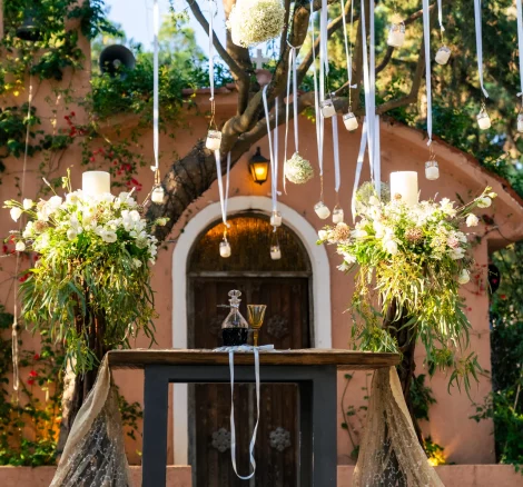 Image of chapel with flowers at wedding venue Kleopatra, Greece