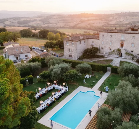 Drone shot of wedding venue in Umbria Castello di Montignano