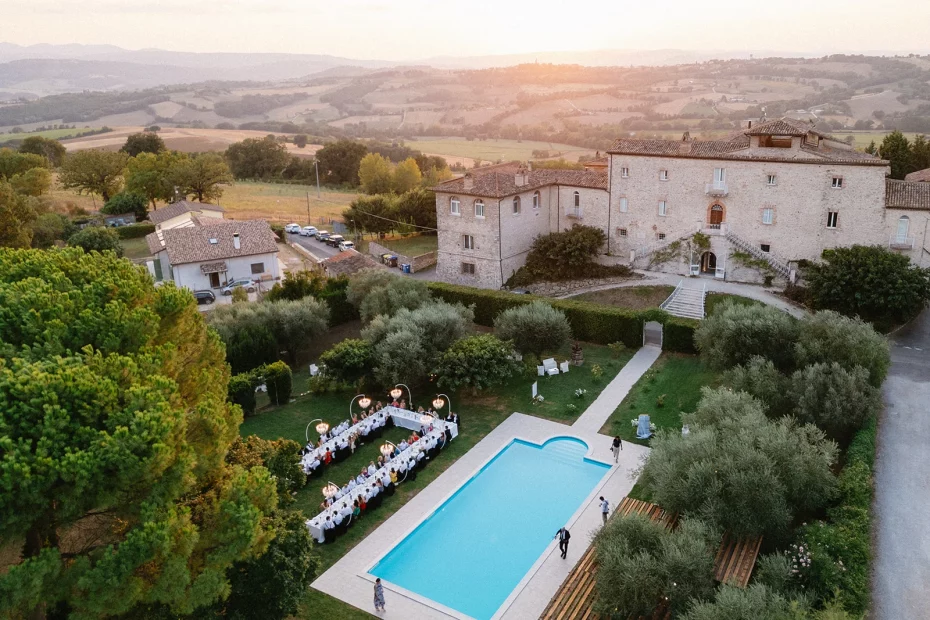 Drone shot of wedding venue in Umbria Castello di Montignano