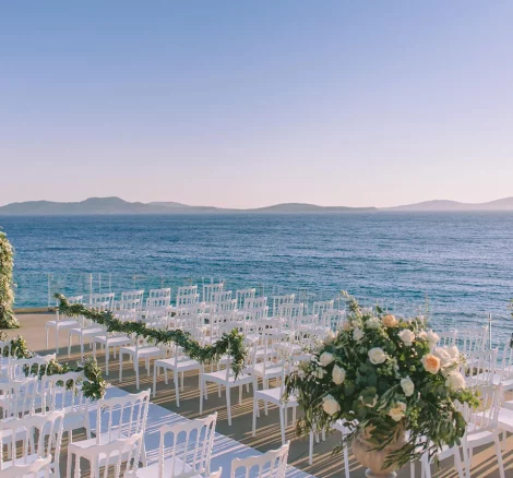 Image of wedding aisle with sea view at wedding venue Saint John Hotel Villas and Spa in Mykonos, Greece