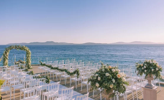 Image of wedding aisle with sea view at wedding venue Saint John Hotel Villas and Spa in Mykonos, Greece