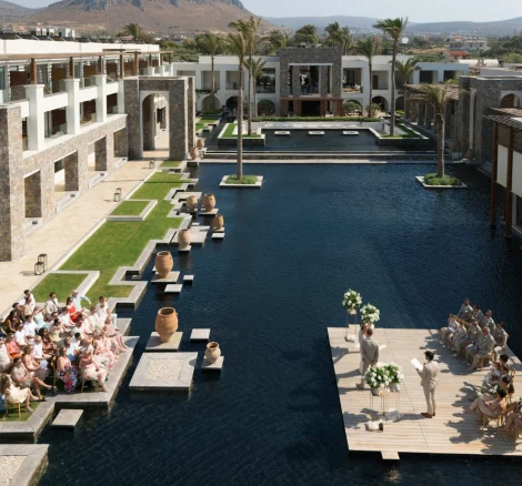 Aerial image of the Amirandes Floating Deck, at wedding venue Amirandes