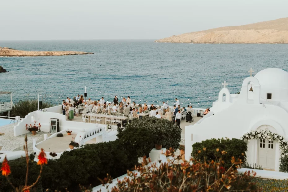 Image of chapel and sea view at wedding venue Mykonos Lolita, Greece