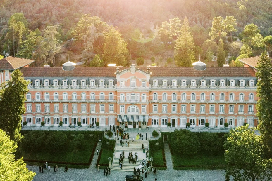 Aeriel shot of Vidago Palace Wedding venue in Northern Portugal